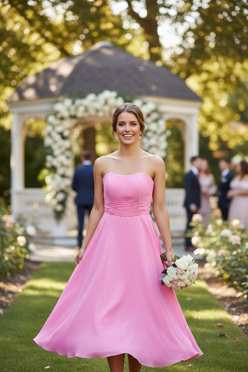 Bubblegum Pink Strapless Bridesmaid Dress - Knee Length Formal Gown