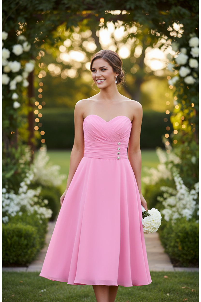 Bubblegum Pink Strapless Bridesmaid Dress - Knee Length Formal Gown