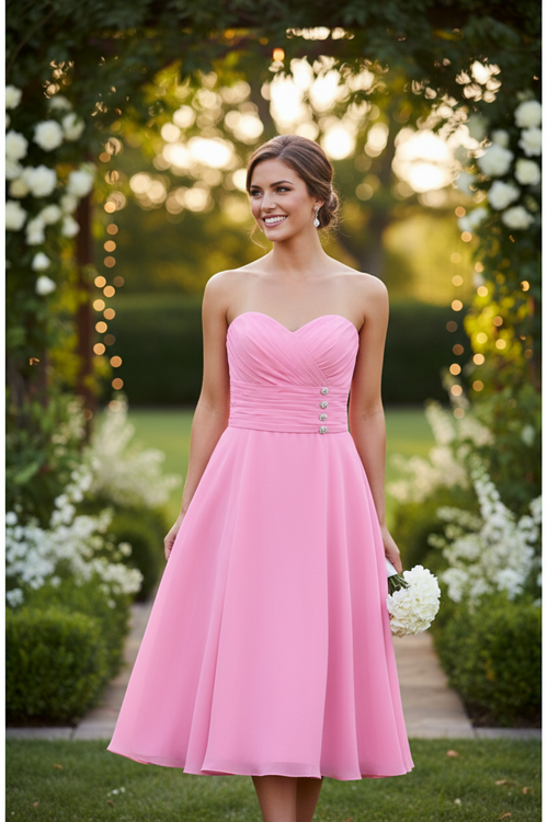 Bubblegum Pink Strapless Bridesmaid Dress - Knee Length Formal Gown