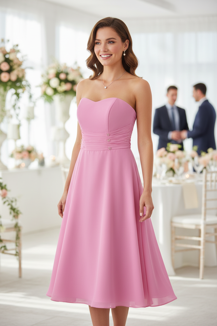 Bubblegum Pink Strapless Bridesmaid Dress - Knee Length Formal Gown
