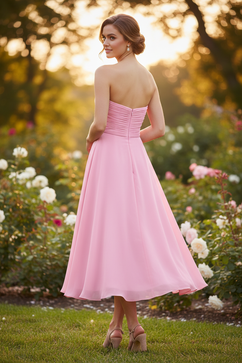 Bubblegum Pink Strapless Bridesmaid Dress - Knee Length Formal Gown