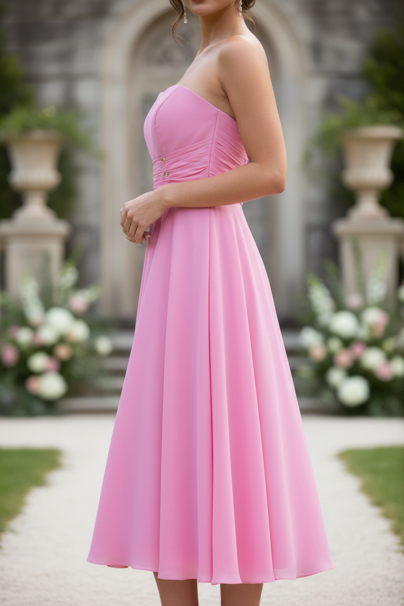 Bubblegum Pink Strapless Bridesmaid Dress - Knee Length Formal Gown