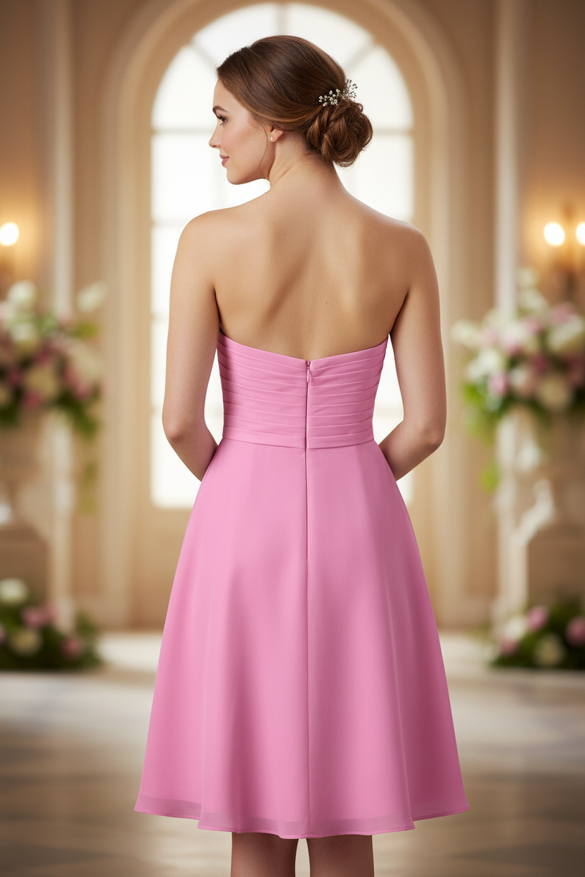 Bubblegum Pink Strapless Bridesmaid Dress - Knee Length Formal Gown