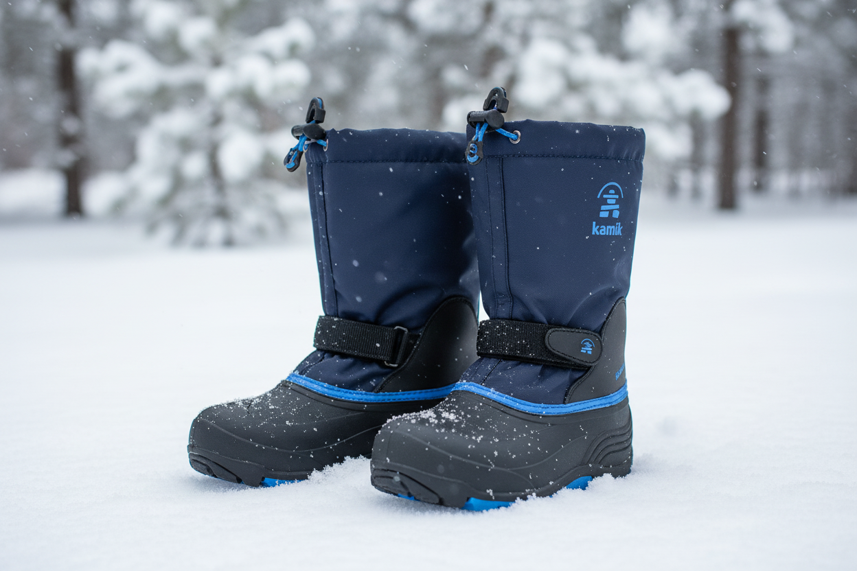 Kamik black and blue winter boots in snow