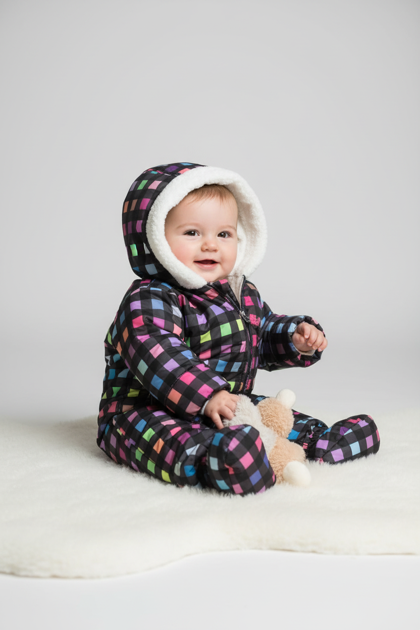 Lifestyle stock photo of baby wearing rainbow checkered snowsuit