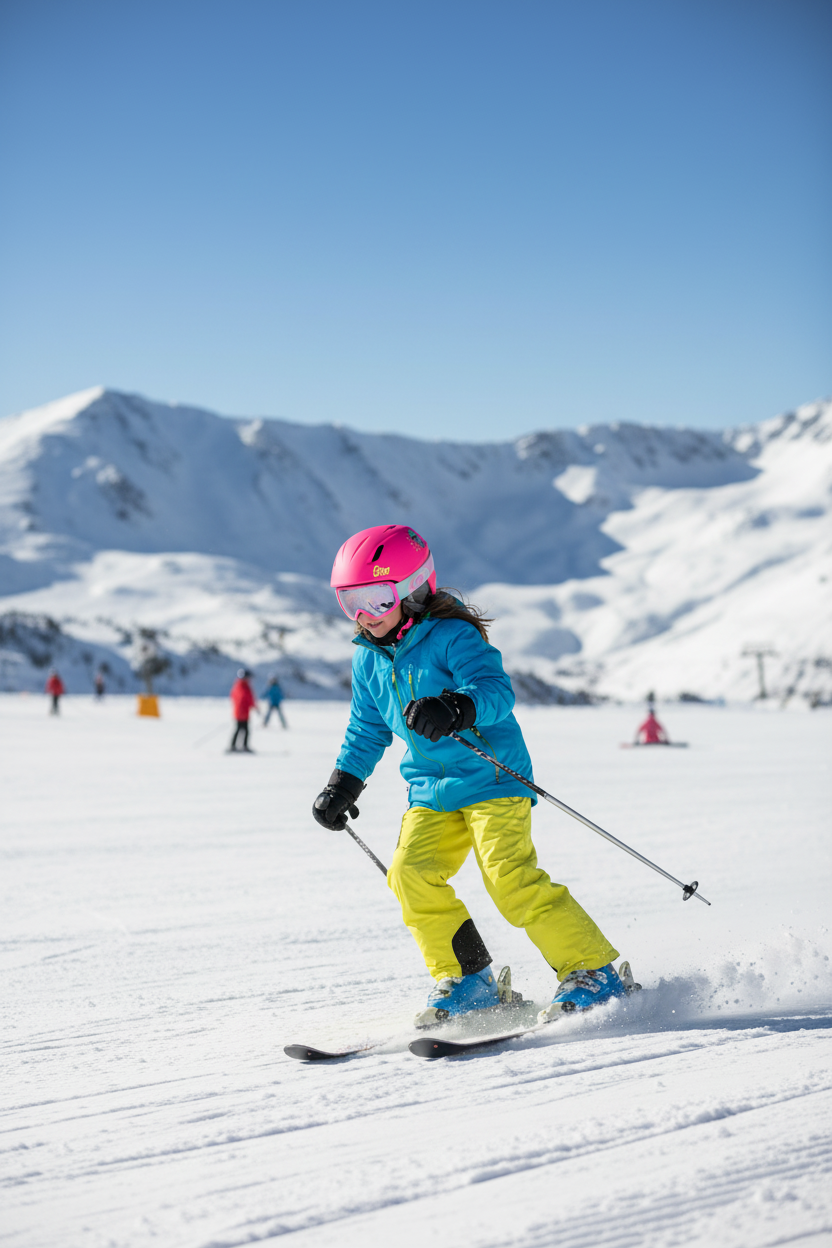 Little girl wearing pink Giro helmet on ski hill