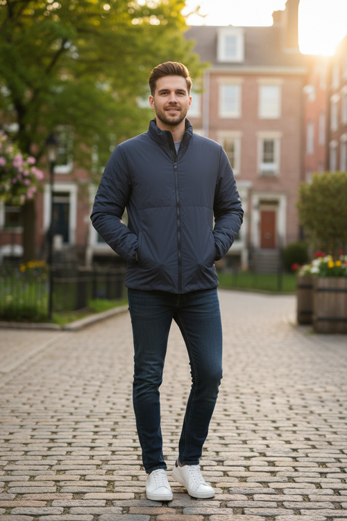 Man wearing Gap puffer jacket outdoors