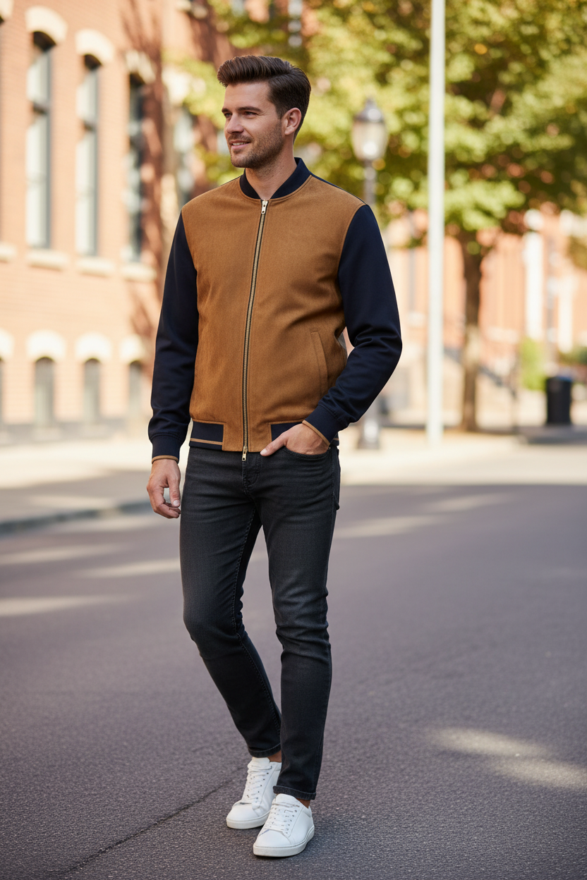 Man wearing Zara faux suede jacket outdoors