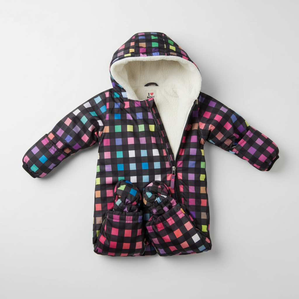 Professional stock photo of checkered snowsuit with hand covers