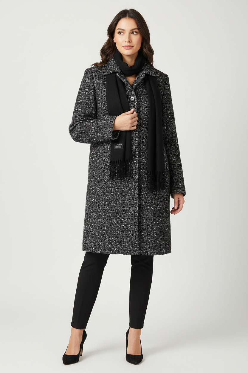 Woman wearing vintage London Fog peacoat with speckle pattern